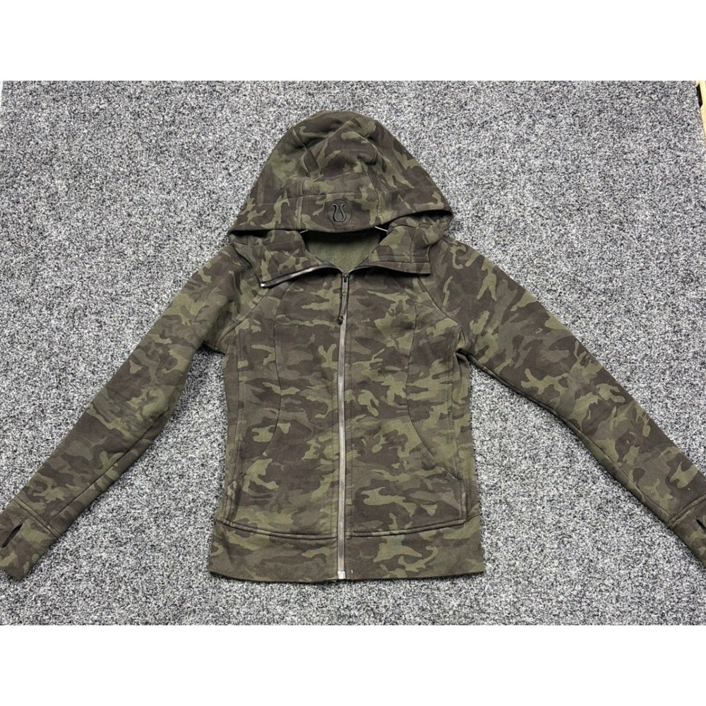 Lululemon Hoodie Womens 4 Green Camo Scuba Full Zip Fleece Thumbholes Activewear
